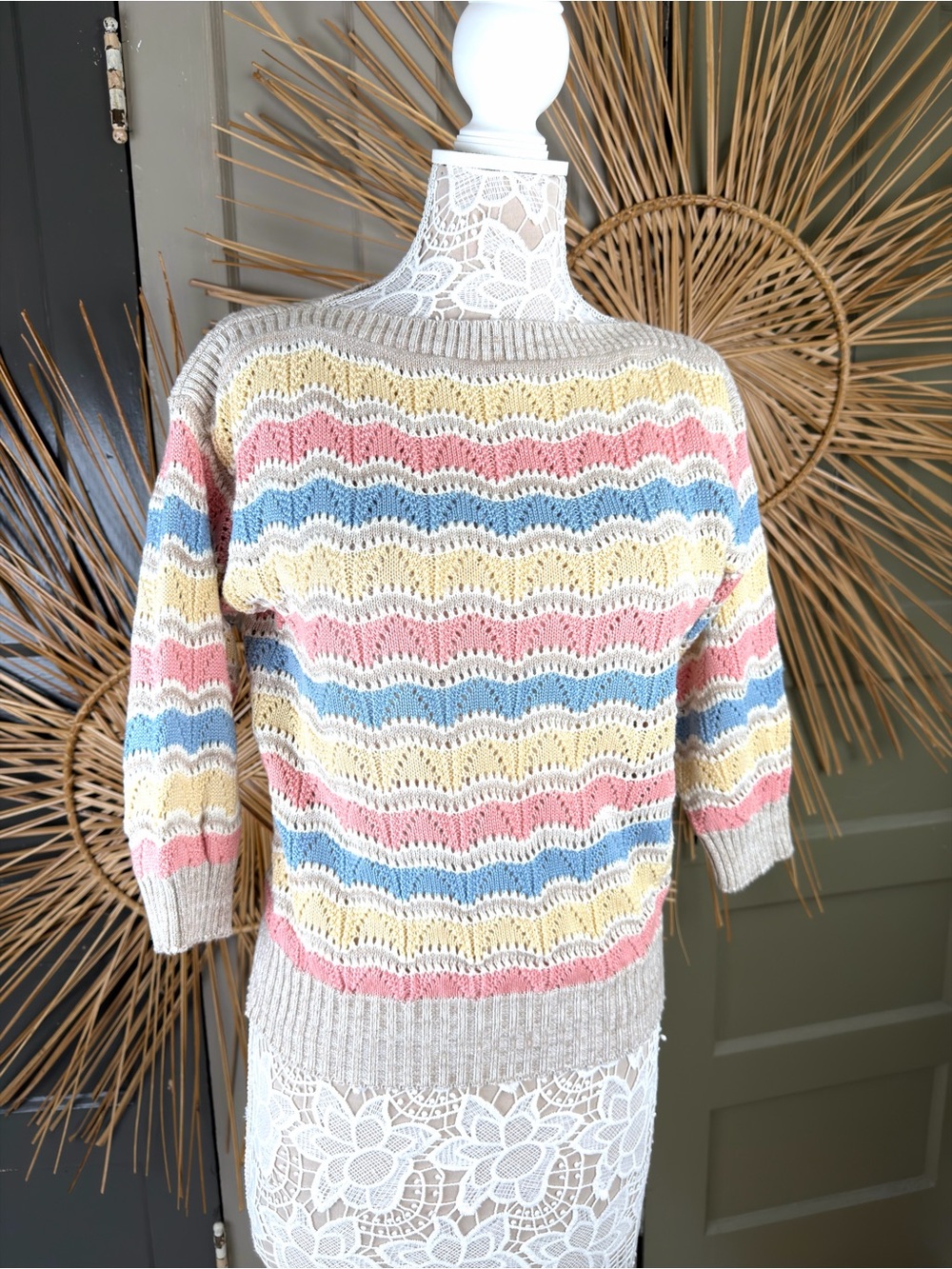 Bellocco Vintage Pastelle Pointelle Crochet Striped Open Knit Sweater S/M